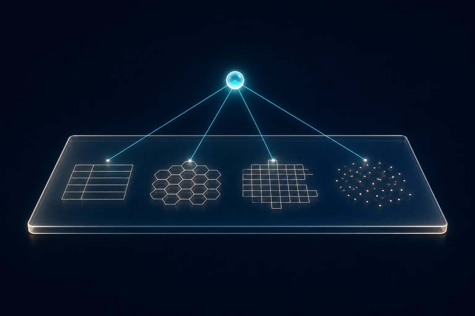 One translucent platform plane holding glowing table rows, hexagonal cells, a raster patch, and scattered points, linked to a single catalog node above.