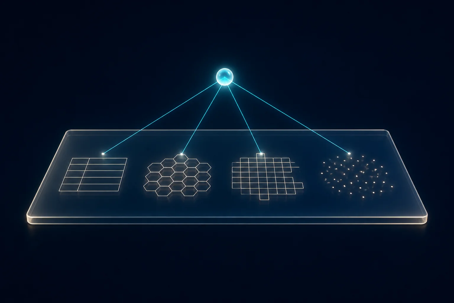 One translucent platform plane holding glowing table rows, hexagonal cells, a raster patch, and scattered points, linked to a single catalog node above.