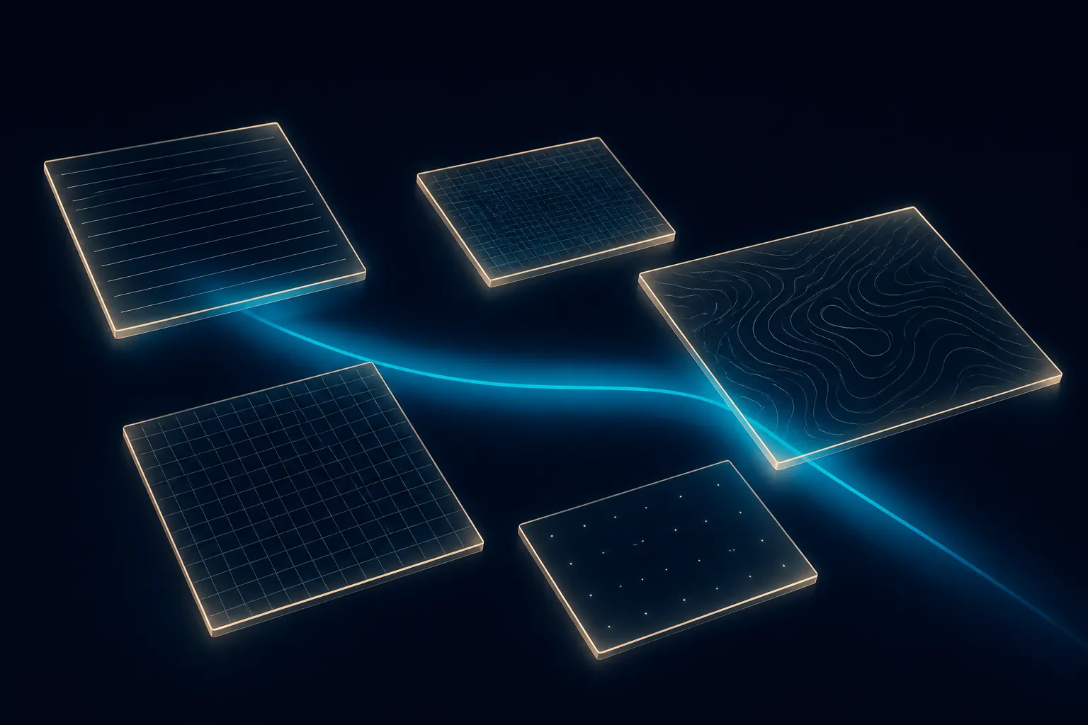 Five translucent data planes of varied sizes tied into one system by a wide glowing band passing beneath them.