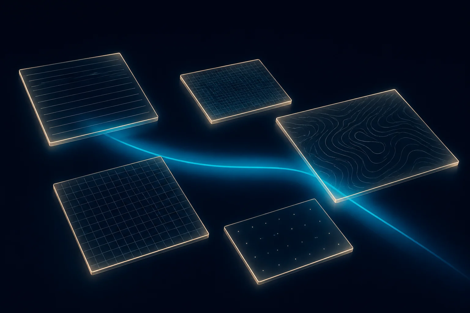 Five translucent data planes of varied sizes tied into one system by a wide glowing band passing beneath them.