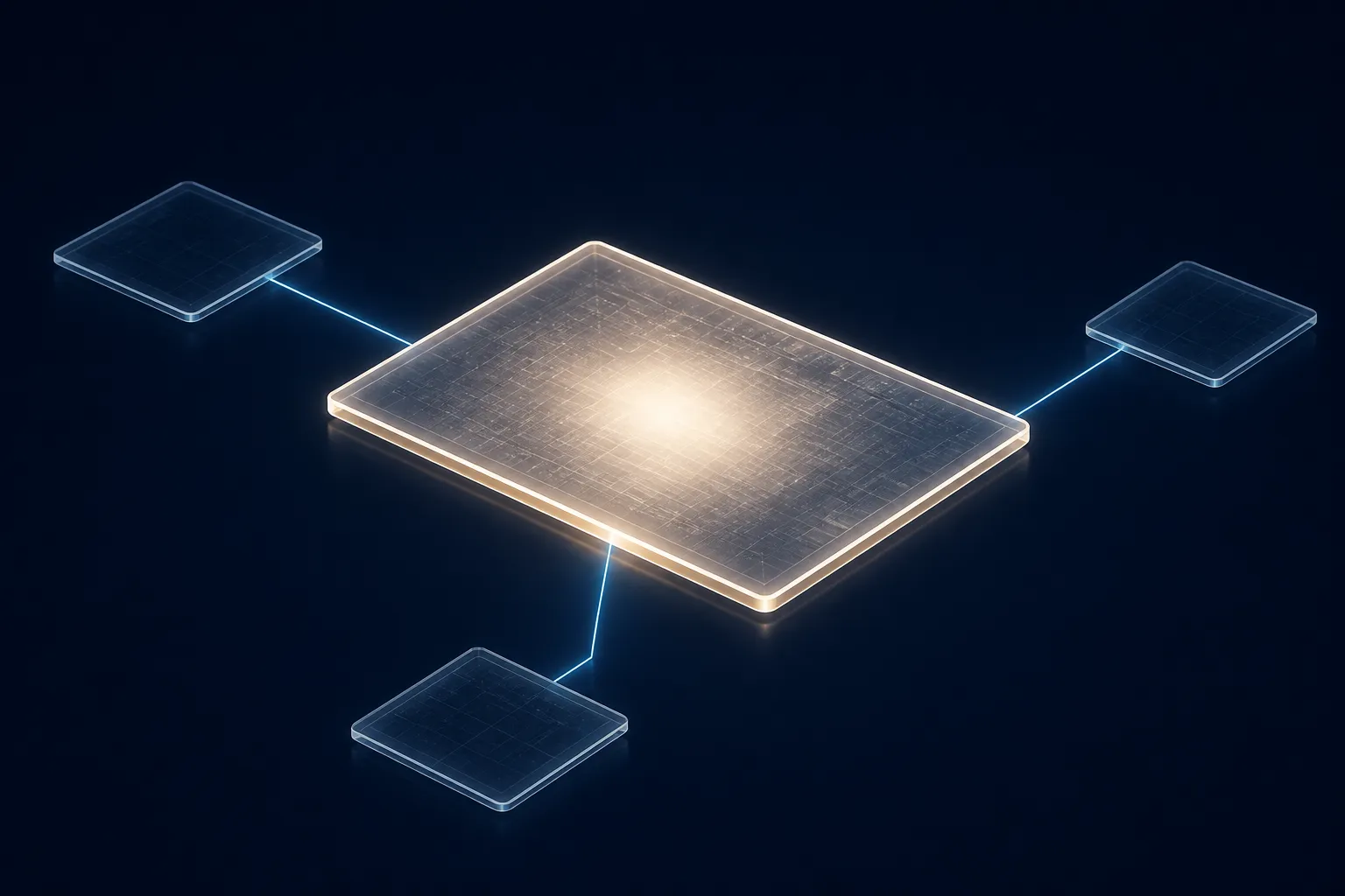 One bright central data plane with a glowing core connected to three smaller planes by thin luminous lines.