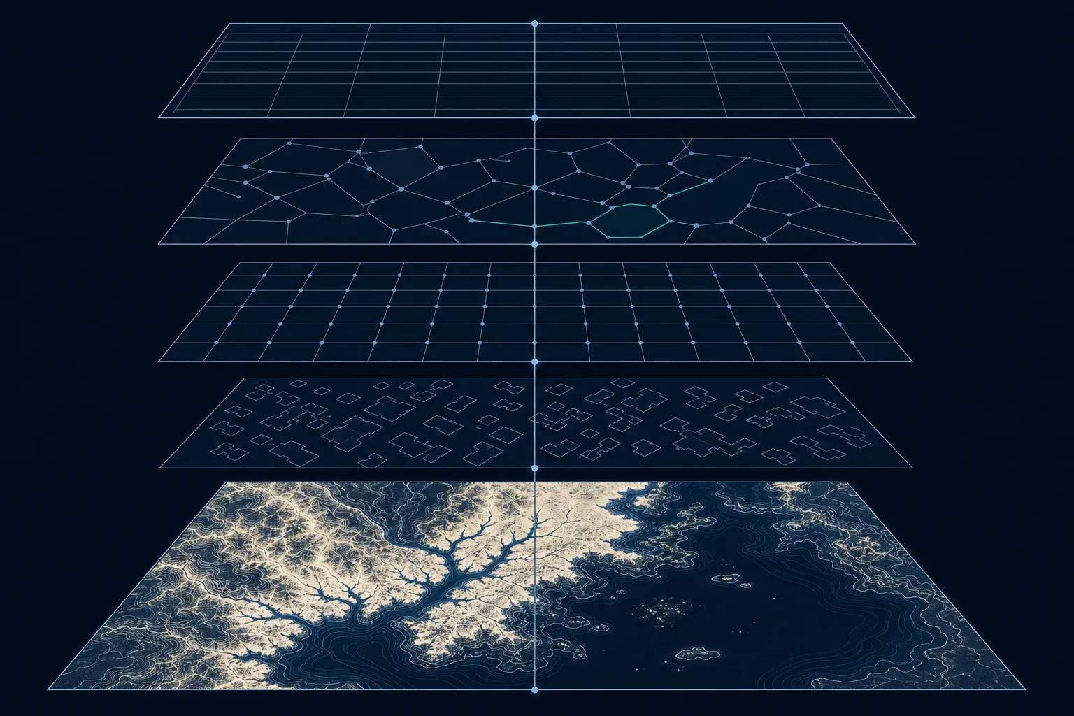 An exploded stack of data planes rising from a bright satellite terrain image, with a teal-highlighted region in the layer above it.