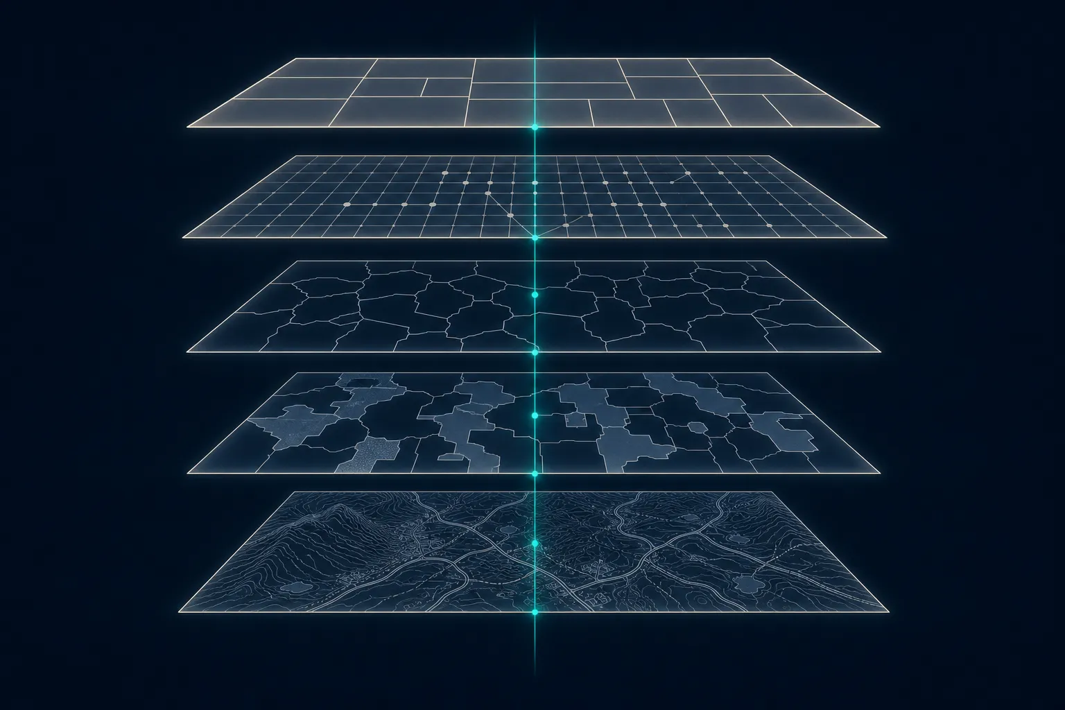 Five stacked data planes rising from raw terrain imagery to an ordered table surface, with one plumb line tracing the same location through every plane.