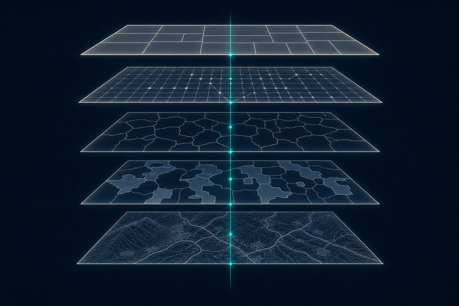 Five stacked data planes rising from raw terrain imagery to an ordered table surface, with one plumb line tracing the same location through every plane.