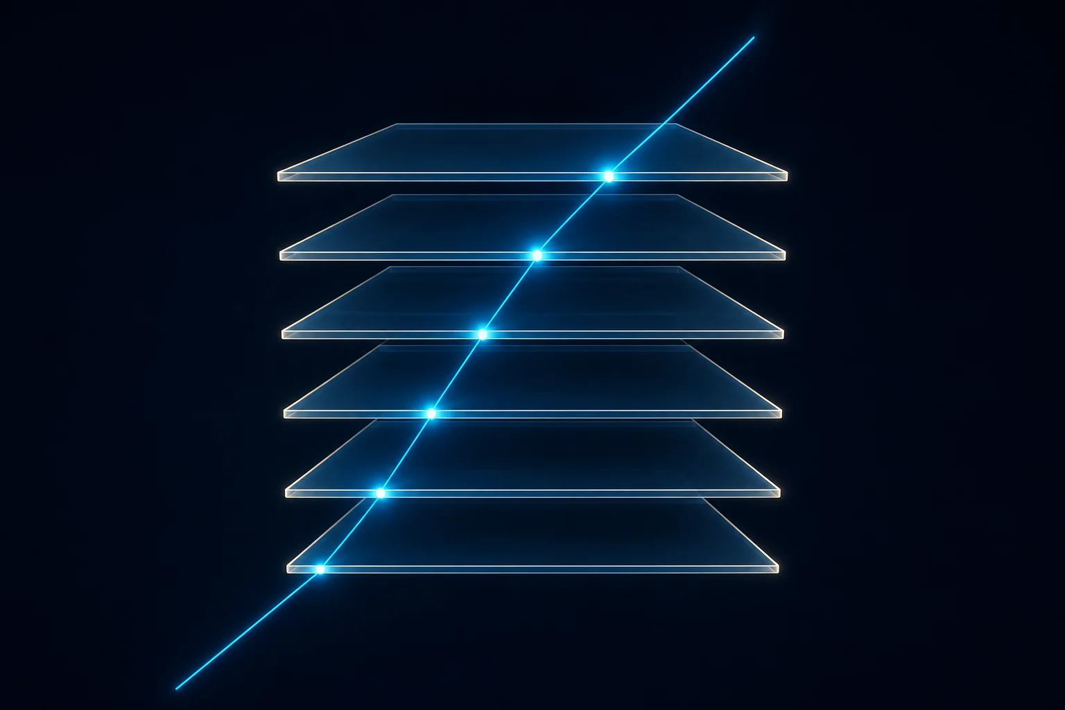 Six translucent stacked data planes crossed by one luminous horizontal line moving through them from left to right.