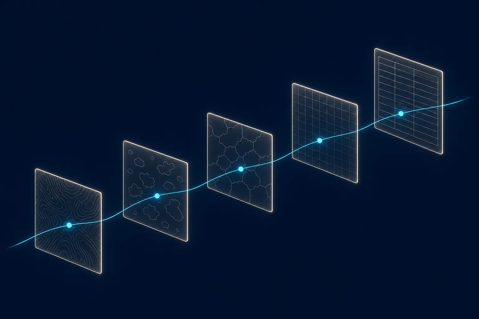 Five translucent data planes rising as steps from rough terrain to an ordered table grid, threaded by one luminous line.