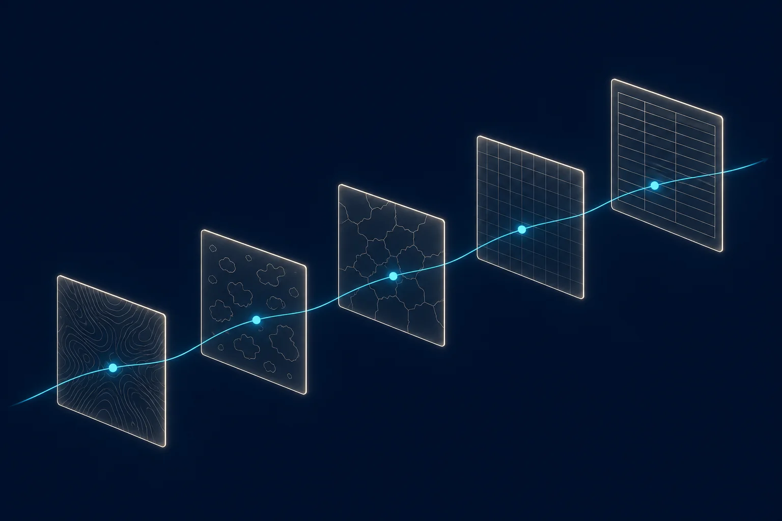 Five translucent data planes rising as steps from rough terrain to an ordered table grid, threaded by one luminous line.