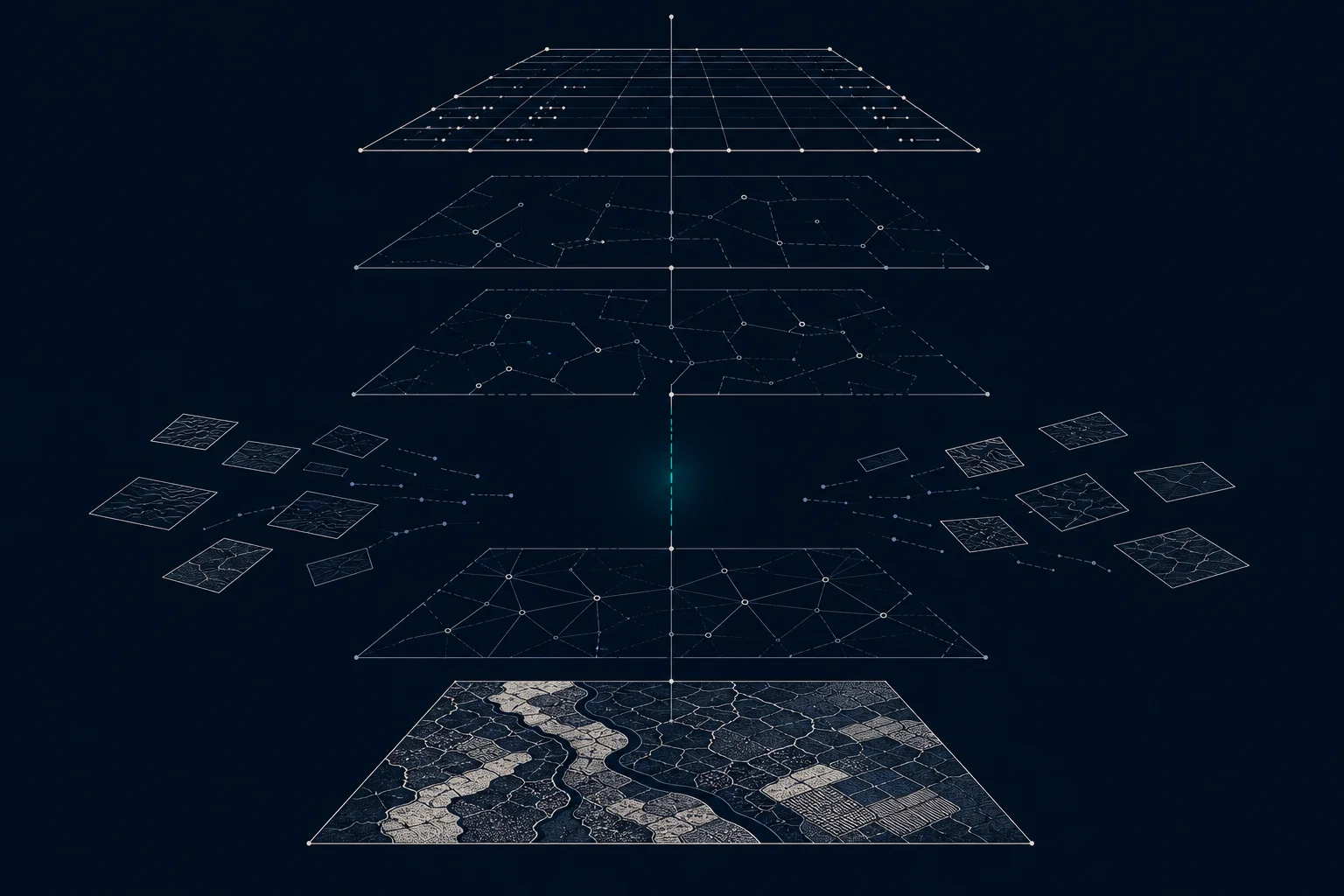 A stack of data planes interrupted by a wide gap where loose tiles drift sideways and the connecting plumb line breaks.