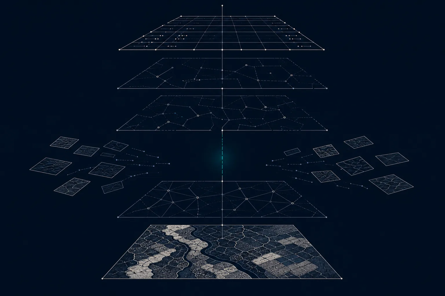 A stack of data planes interrupted by a wide gap where loose tiles drift sideways and the connecting plumb line breaks.